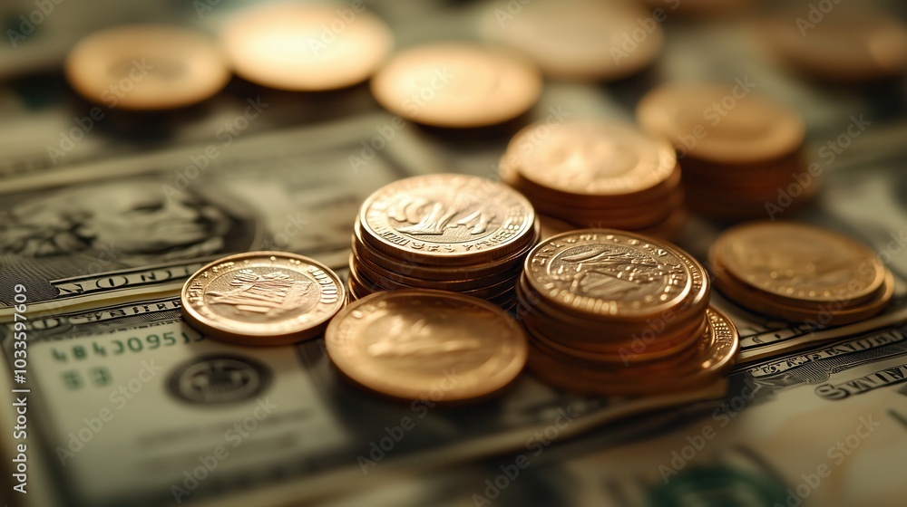 Poster stacks of coins on banknotes for financial concepts. close-up view of stacks of coins placed on vari