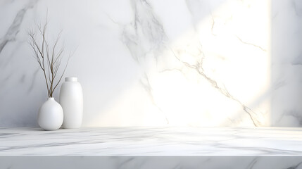 Luxury white marble table with natural light shadows on white wall for product placement display. Modern minimal interior design with trendy neutral aesthetic for beauty cosmetics scene.