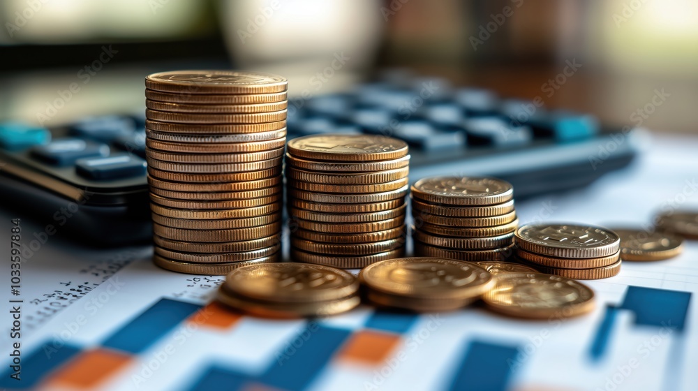 Poster stacks of coins with financial charts and calculator. close-up view of stacked coins alongside calcu