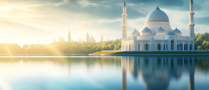 Islamic banner featuring a marble mosque with copy space and soft sunlight emerging from sky