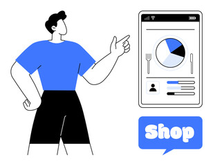 A person pointing at a mobile screen displaying analytics with a blue Shop button below. Ideal for e-commerce, technology, app advertising, user interface design, and digital marketing contexts