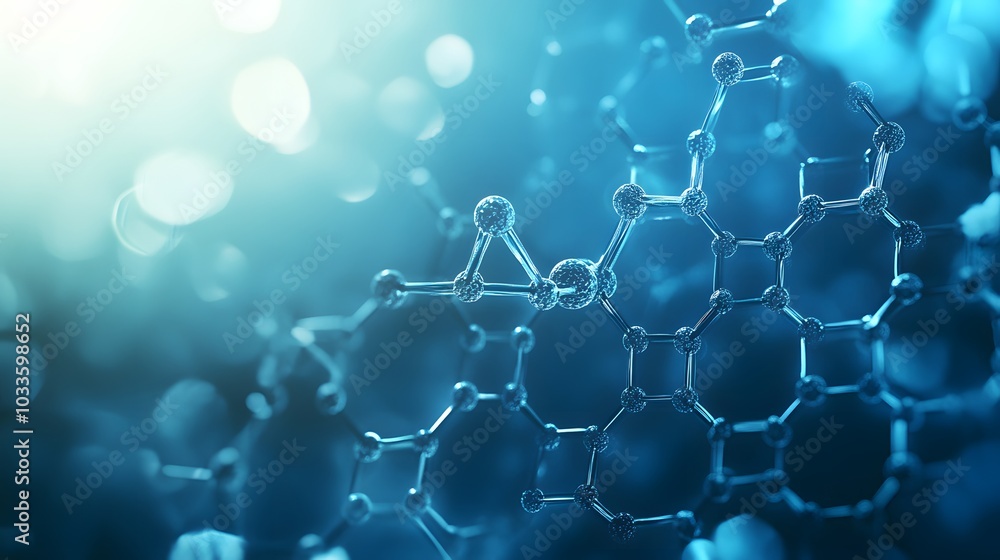 Poster abstract molecular structure in blue with bokeh background