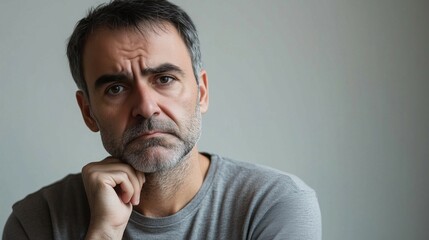 Fototapeta premium stressed sad middle aged man isolated on light grey background. gesture of worry or headache thinking about family marriage or problems at work office