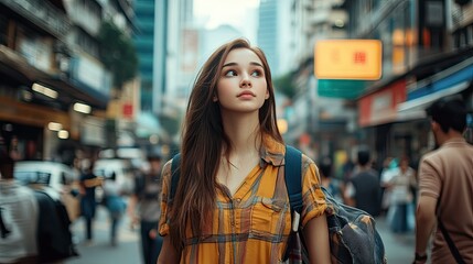 Fototapeta premium Beautiful girl walks in a bustling metropolis.