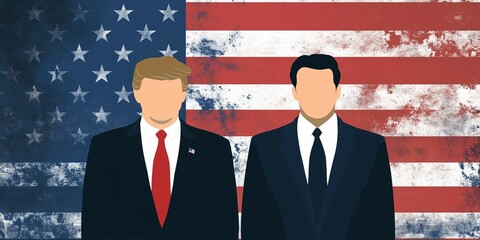  American US presidential general election voting and politics concept with president candidate wearing suits with US flag on background