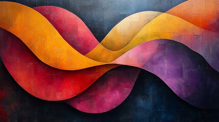 Fototapeta premium Abstract colorful wavy design with layers of red, yellow, orange and purple on a dark background.