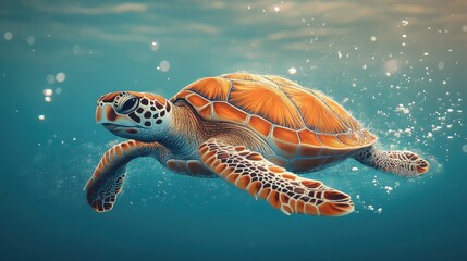 Fototapeta premium Graceful sea turtle swimming in serene waters, embodying the essence of minimalist aquatic art, tranquility and elegance in motion.
