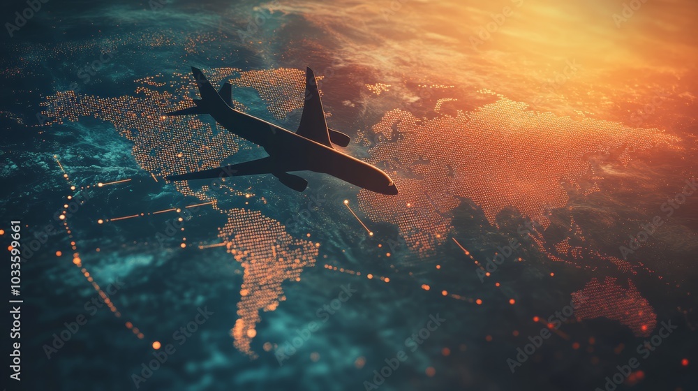 Poster Passenger jet is flying over a digital world map, connecting the continents with its travel path. The sun is setting in the background, creating a warm and inviting atmosphere