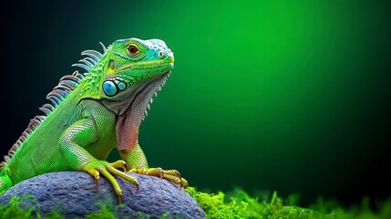 Obraz premium A vibrant green iguana perched on a rock, set against a soft green background.