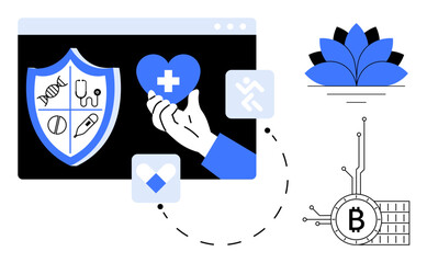 A shield with medical symbols, a hand holding a heart with a cross, and a Bitcoin symbol connected by lines. Ideal for digital healthcare, blockchain technology, medical innovation, health insurance