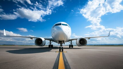 White passenger airplane is standing on a runway under a beautiful blue cloudy sky. The airplane is waiting for passengers to board and take off for a flight to a holiday destination