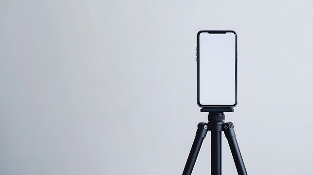 Portrait of mobile phone standing on tripod while live streaming with white blank screen on blue landscape background, live social media, mobile phone mockup, communication with video call via mobile 