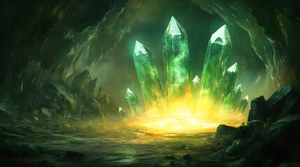 Fototapeta premium A magical underground chamber with massive crystals forming a glowing ring, pulsing with bright green and yellow light, illuminating ancient carvings on the cave walls