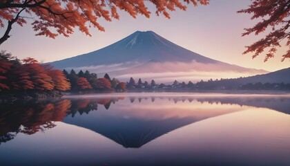 Fuji mountain in autumn reflected in the water. AI generation