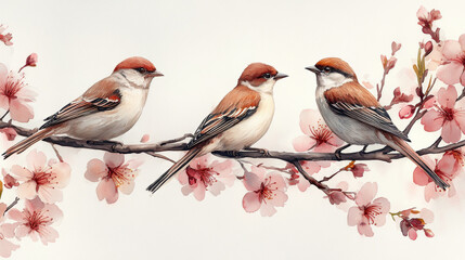 Fototapeta premium Birds on a Branch of Sakura on Isolated White Background