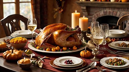 Beautifully Set Thanksgiving Dinner Table with Golden Roasted Turkey and Traditional Dishes
