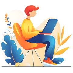Man Working on Laptop in Chair with Colorful Leaves