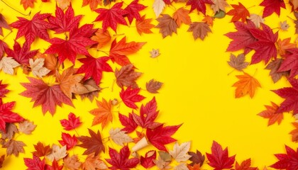 Fototapeta premium Colorful Fall Leaves on Bright Yellow Background