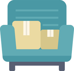 This flat color icon represents moving house concept with an armchair and two cardboard boxes