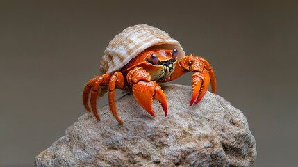 A vibrant hermit crab perched on a rock, showcasing its shell and claws.
