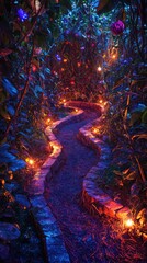 Enchanted maze with glowing plants and magical creatures