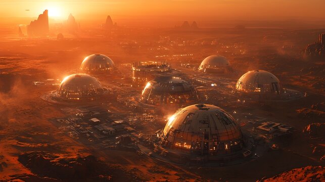 A Mars settlement with domes radiating from a central hub, the structures glowing softly in the Martian twilight, capturing the isolation and advanced technology of space colonization