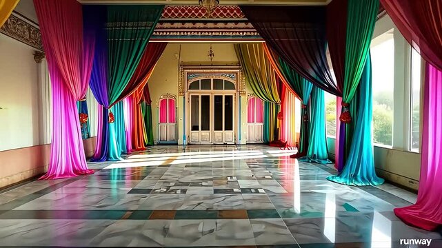 Colorful curtains drape from the ceiling hall marble flooring interior historic