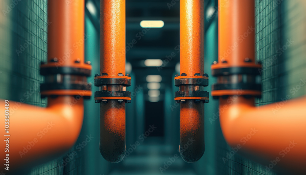 Poster a view of orange industrial pipes extending along a corridor, highlighting textures and depth within