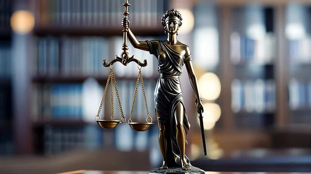 Statue of Lady Justice holding scales and sword in a legal library setting with blurred books in the background