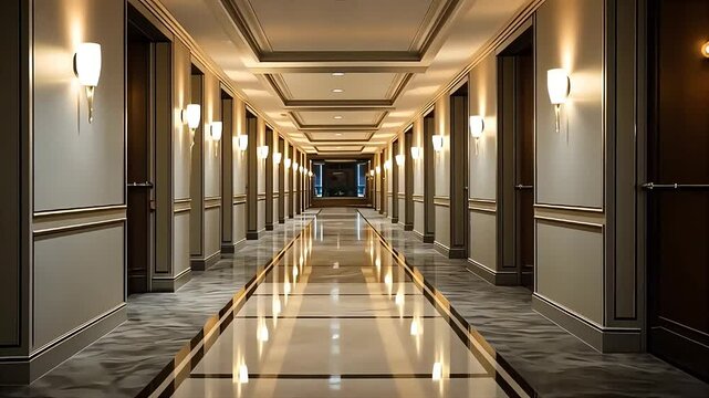 Elegant hotel corridor with soft lighting and polished floors showcasing a luxurious ambiance in the evening
