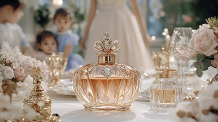 A stunning perfume bottle sits on a dressing table alongside a bride in her wedding dress. Soft sunlight and pink roses create a warm, romantic atmosphere