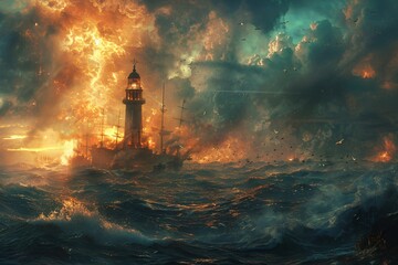A lighthouse standing resiliently against a fierce storm at sea, symbolizing hope and guidance in the midst of chaos. The dramatic scene captures towering waves crashing against the rocky shore, with 