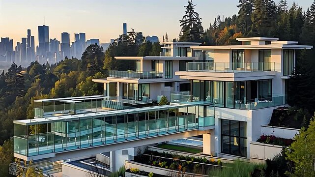 Luxury modern homes with glass balconies overlooking the city skyline during sunset in a tranquil neighborhood setting