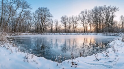 Panoramic winter landscape of a snowy forest by a frozen river at sunset with frost-covered trees and sunlight reflections in the ice-covered water, capturing the tranquil beauty of a serene winter wo