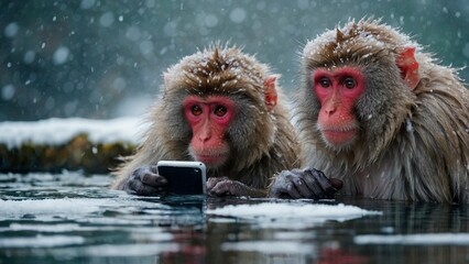 Naklejka premium A couple of japanese macaques monkeys relaxing at the hot spring, one of them looks at its smartphone, surrounded by falling snow. Funny winter animal wildlife photo illustration. Macaca fuscata.