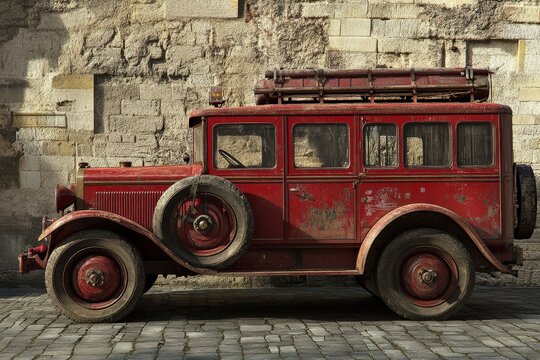Voiture de Pompiers: Ancient Red Firemen Truck for Emergency Assistance