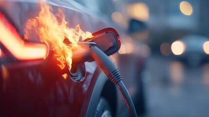Close-up of an electric car charging port on fire, highlighting potential risks and safety concerns in electric vehicle technology.