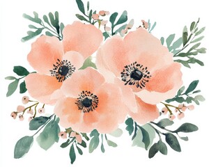 Blush Pink Flowers. Watercolor Spring Bouquet with Cute Floral Blossoms and Green Foliage