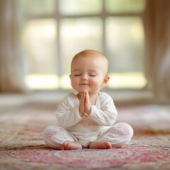 Baby Yoga. Beautiful Baby Practicing Zen Yoga Asanas with Cheerful Smile