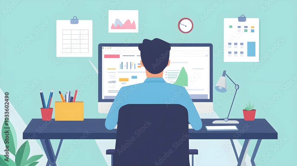 Poster businessman working on computer with charts and data