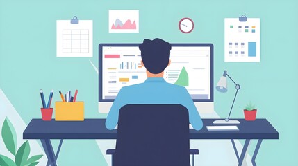 Businessman Working on Computer with Charts and Data