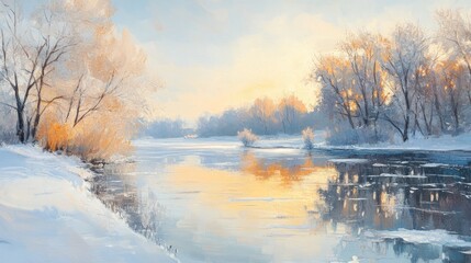 Stunning winter landscape featuring snow-covered mountains and trees with a beautiful reflection in the calm water, capturing the serenity and beauty of nature in a tranquil winter scene