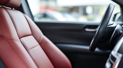 Luxurious red leather car interior with focus on seat and steering wheel, highlighting modern design and comfort in an elegant vehicle setting.