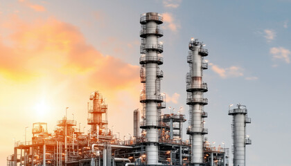 Fototapeta premium A modern oil refinery silhouetted against a vibrant sunset, showcasing towering stacks and industrial structures against a clear sky.