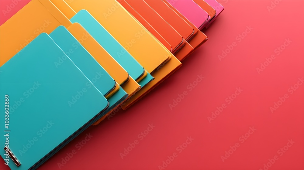 Poster colorful abstract background with stacked papers on red surface