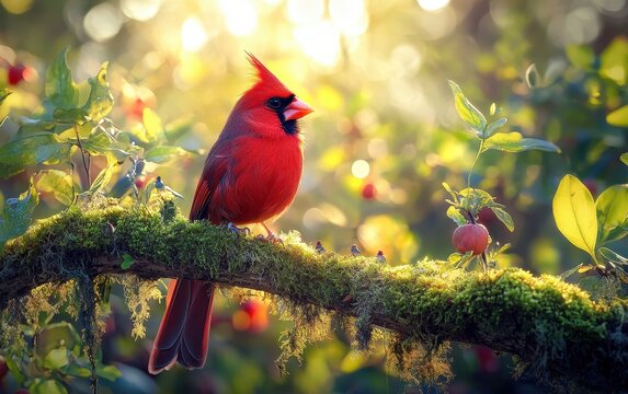 Cardinal on Branch with Sun Rays