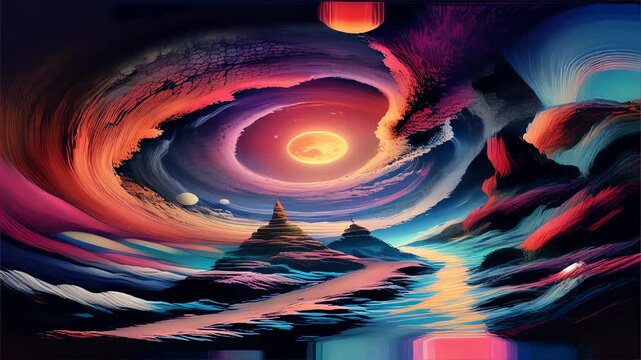 A Colorful vibrant psychedelic landscape fantasy swirling  sun and planet