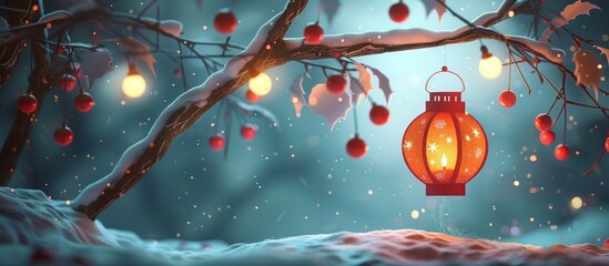 Enchanting winterscape scene with a glowing orange lantern hanging from snow covered tree branches surrounded by red berries and a serene sparkling snowy landscape  Festive cozy