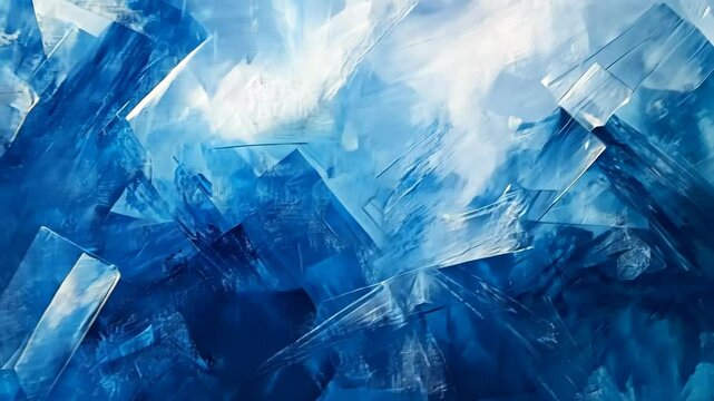 Abstract blue and white painting with sharp edges and lines