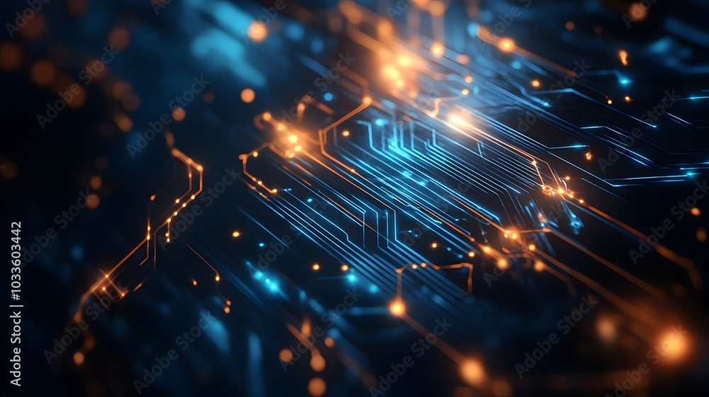 Poster abstract representation of a circuit board with glowing lines and points
